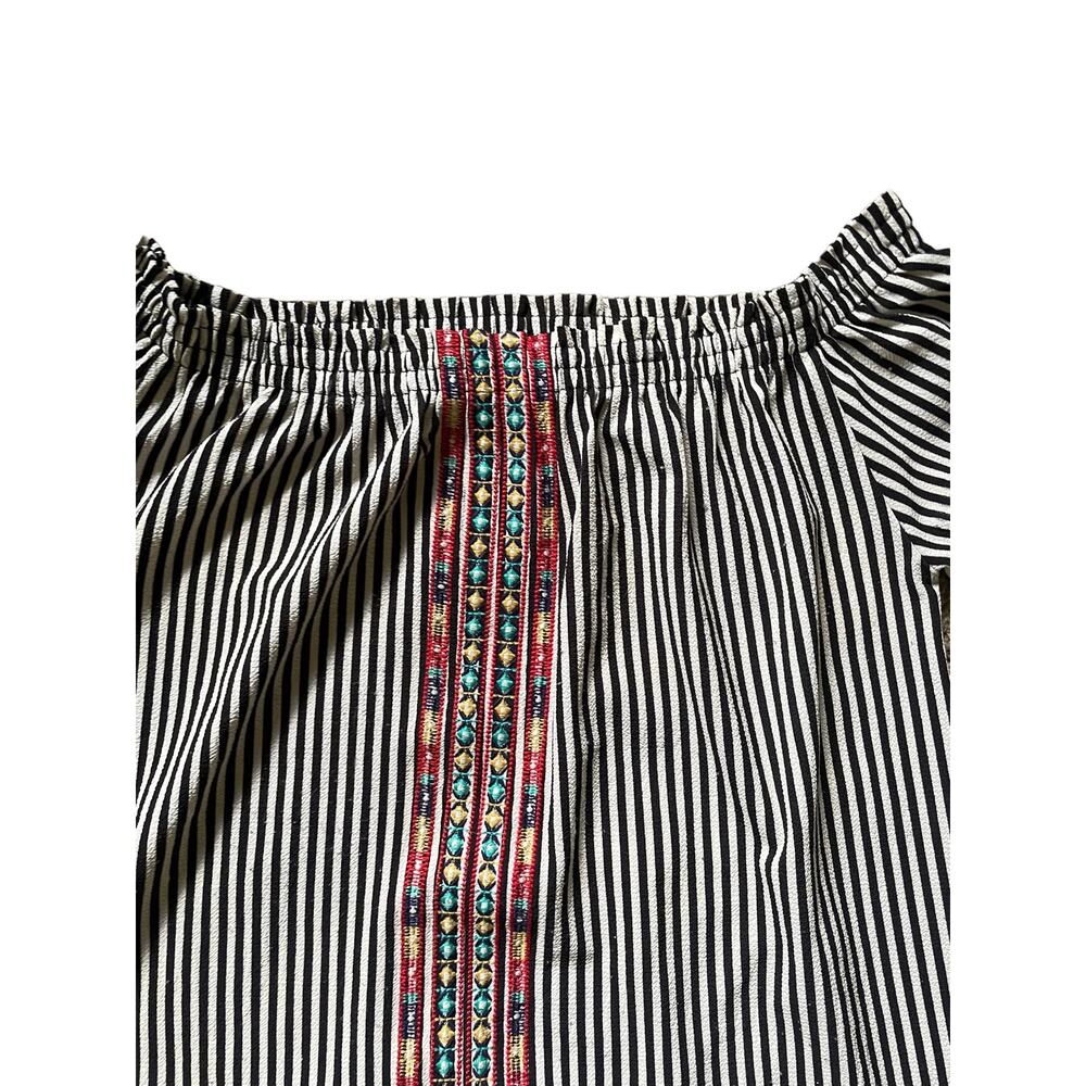 THML Striped Blouse Medium Off Shoulders Black and White Embroidery Boho Chic